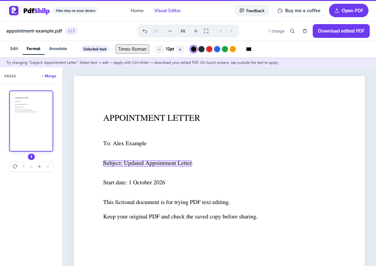 PdfShilp showing the updated subject of a fictional appointment letter after committing the text edit
